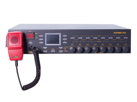 ATEÏS BOUTIQUE BTQ VM4/VM8 rack controller with red paging microphone and front-panel controls.