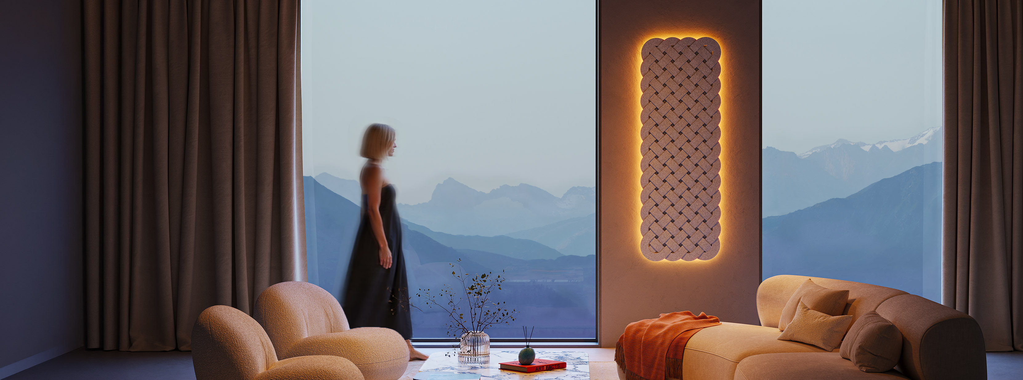 Illuminated Intra lighting Trenza woven wall panel in a lounge overlooking mountains