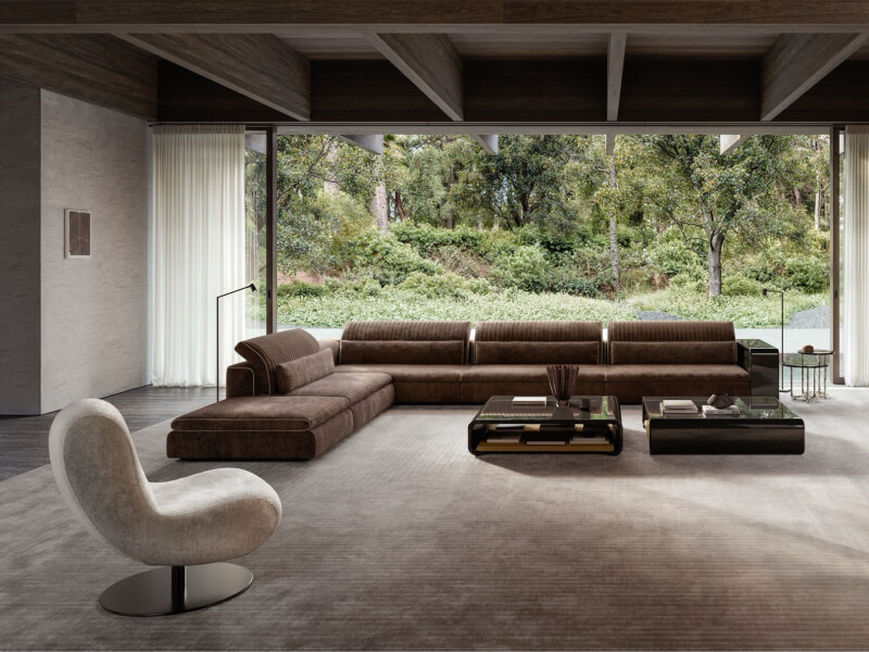 Molteni&C living-room collection featured by Mohd, with a brown sectional sofa and coffee tables.