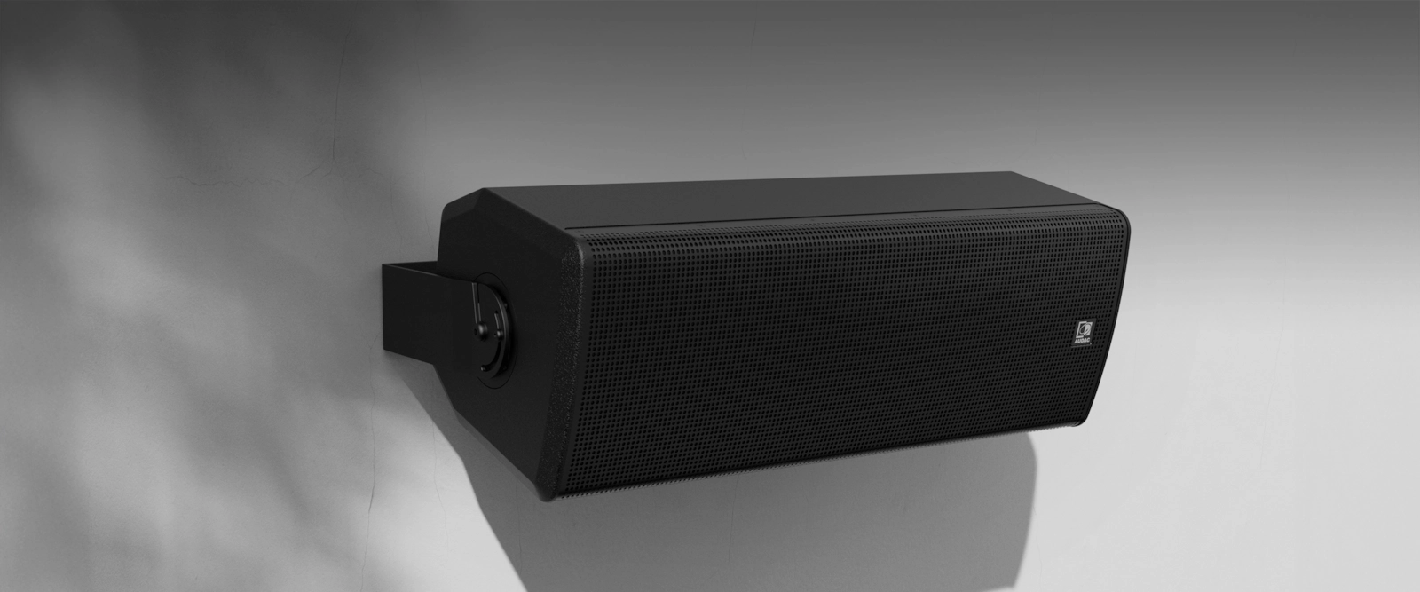 AUDAC VEXO208 loudspeaker mounted horizontally on a wall, from PVS’s official product presentation.