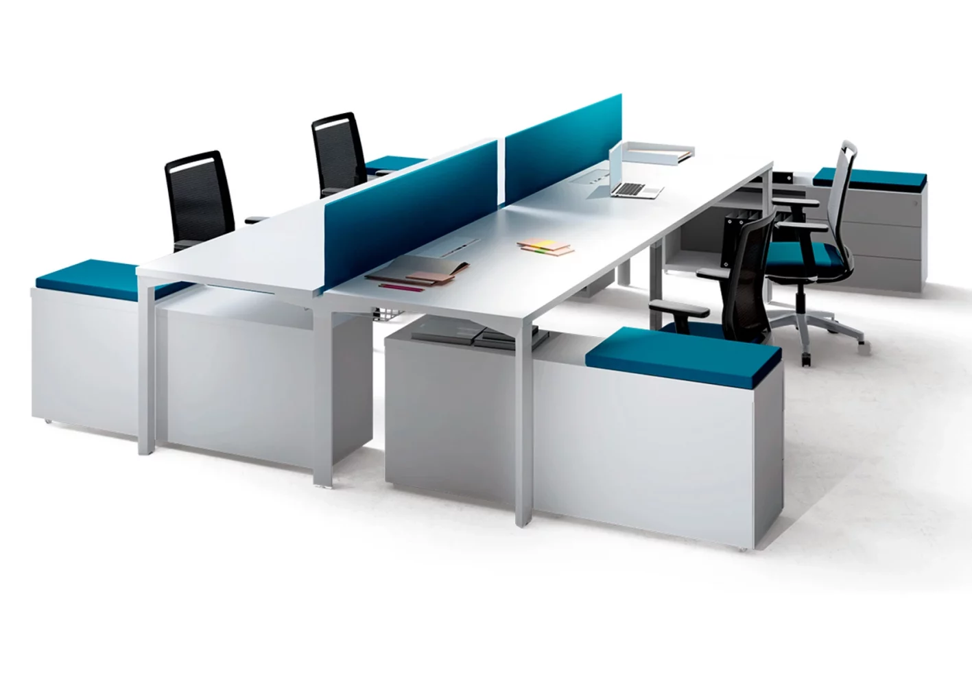 Forma 5 Logos office workstation, designed by Tandem Company, with white desks and blue dividing screens.