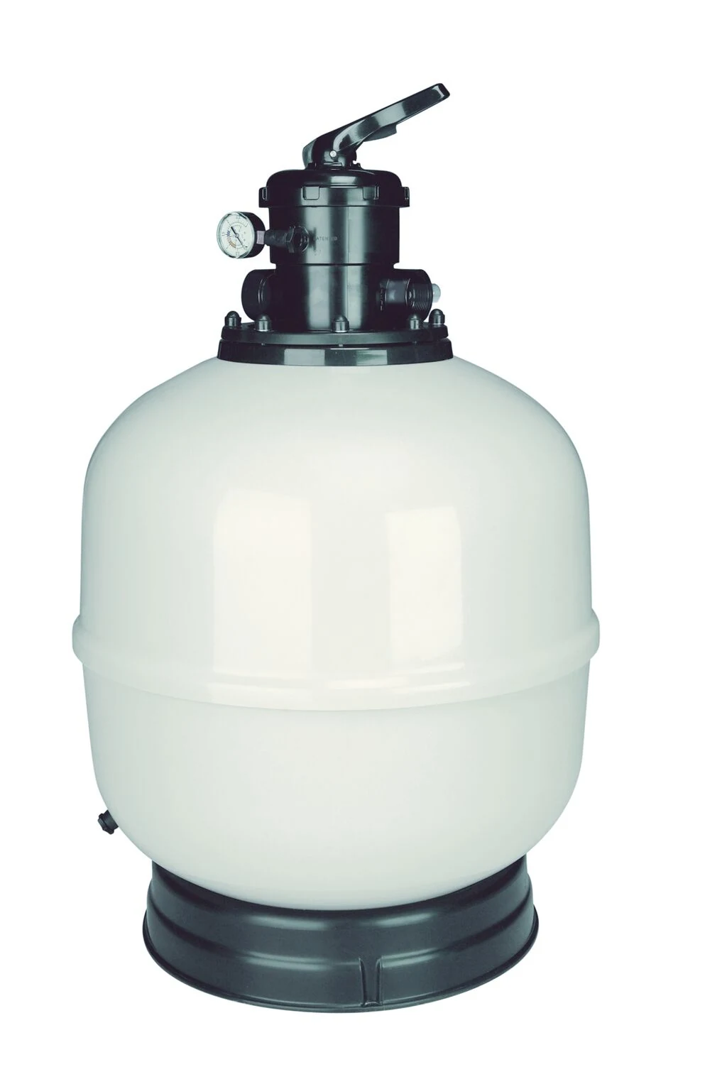 AstralPool Aster sand filter with top-mounted multiport valve and pressure gauge