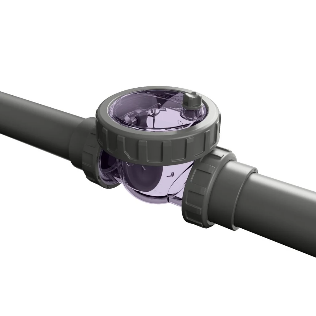 AstralPool Clear Series transparent check valve between grey PVC pipes