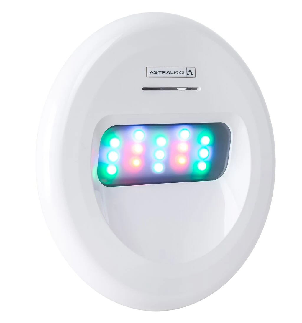 AstralPool LumiPlus Design underwater LED light with white trim and illuminated RGB LEDs