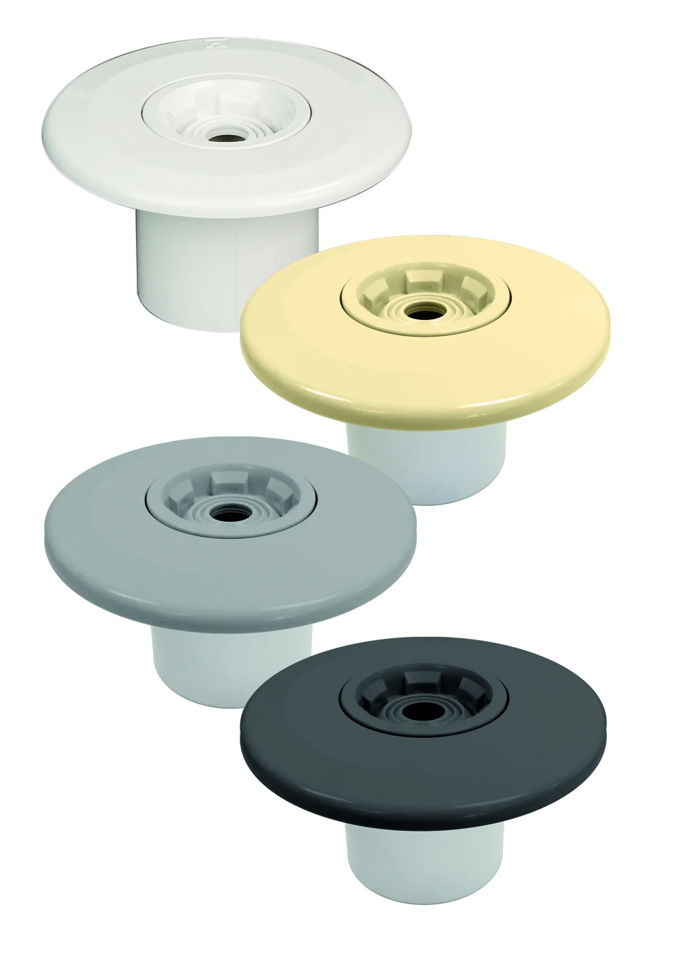 AstralPool Multiflow return inlet nozzles shown in white, beige, light grey and anthracite